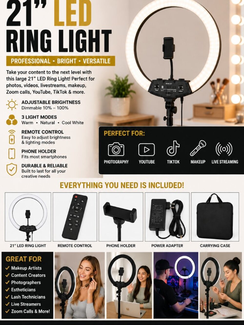 21" LED Ring Light Kit w/ Remote Control Carrying Case & Phone Holder